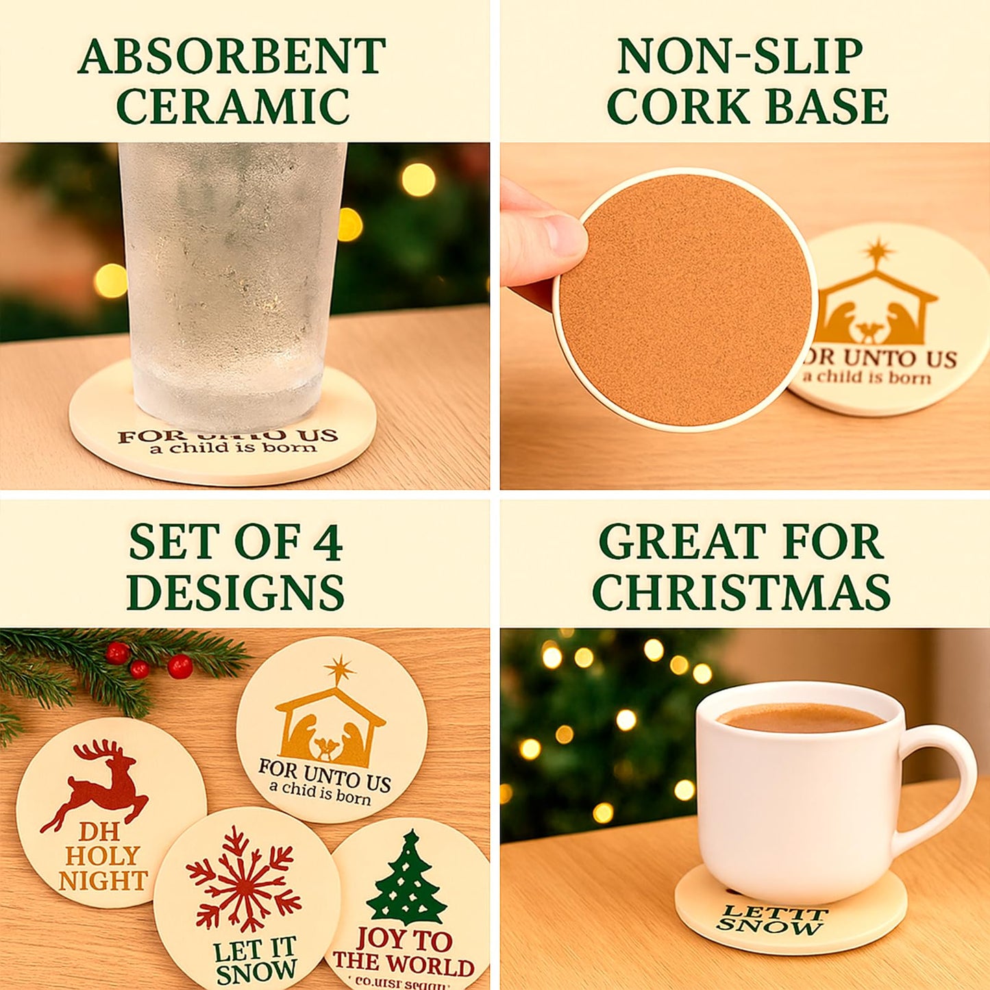 for Unto Us A Child is Born Nativity Scene Christmas Coasters Set of 4, Absorbent Ceramic with Non-Slip Cork Backing – Christian Religious Holiday Drink Coasters for Coffee Table, Home, Church Decor