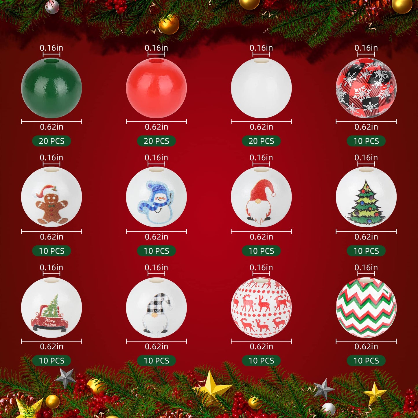 150 Pieces Christmas Wooden Beads Xmas Decorations DIY Craft Wood Bead Snowman gnome Gingerbread Candy Deer Spacer Bubblegum Beads Bulk for Tree Hanging Garland Jewelry Making Home Decor