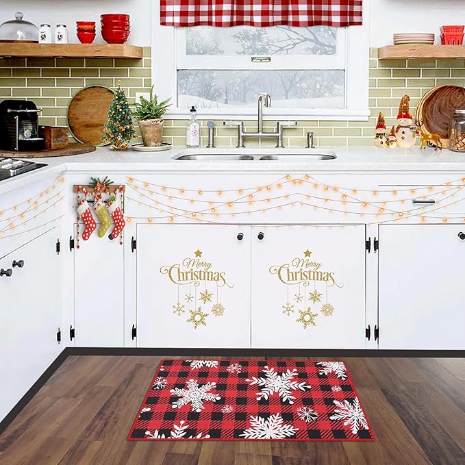 CAROMIO Christmas Doormat Holiday Xmas Buffalo Plaid Door Mat Winter Christmas Snowflakes Checkered Welcome Mat Outdoor Indoor Non Slip Decorative Entrance Floor Mat for Front Porch, 17x29 Inch