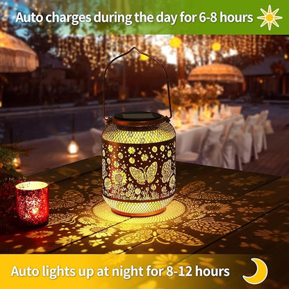 2 Pack Solar Lanterns Outdoor Waterproof Butterfly Garden Decor Birthday Gifts for Women Mom Grandma Hanging Solar Lights Metal Decoration Outside for Yard, Patio, Backyard, Porch, Pathway