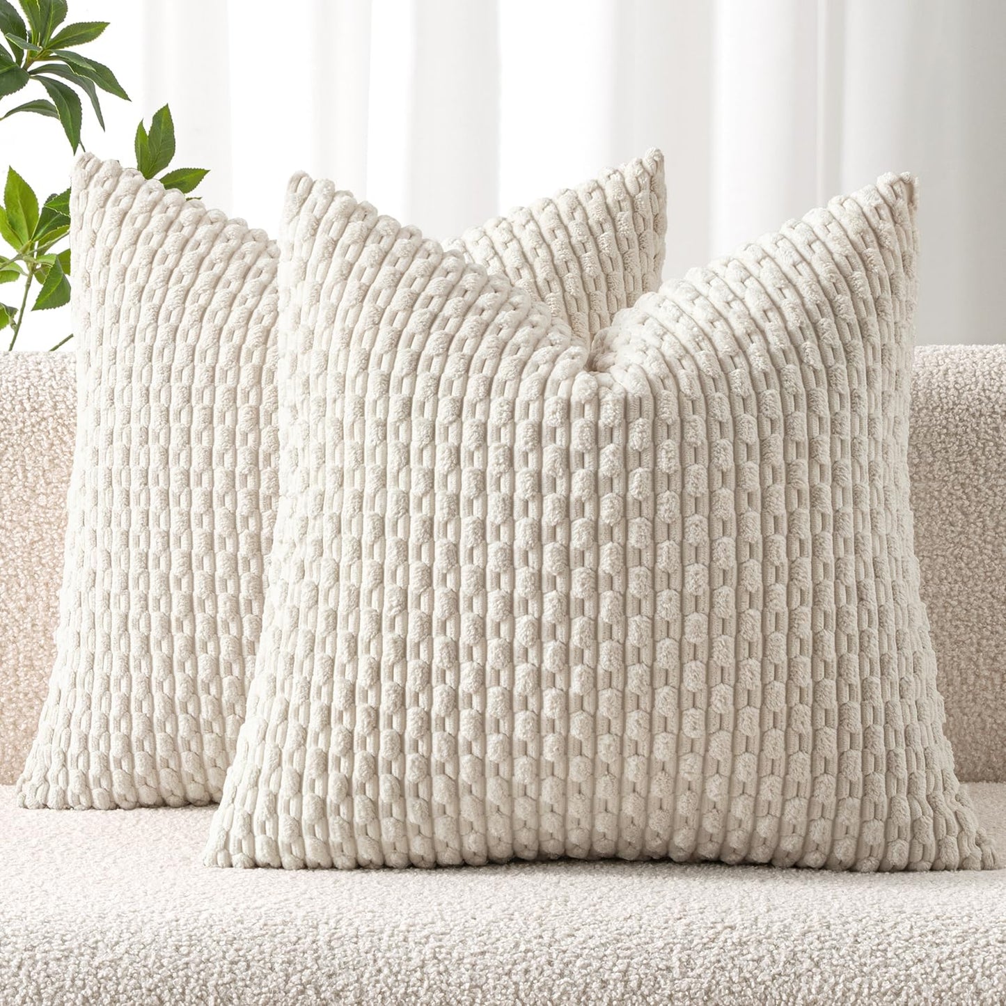 MIULEE Pack of 2 Decorative Throw Pillow Covers 20x20 Inch Soft Boho Striped Textured Corduroy Pillow Covers Modern Farmhouse Home Decor for Couch Bed Sofa Living Room Cream White