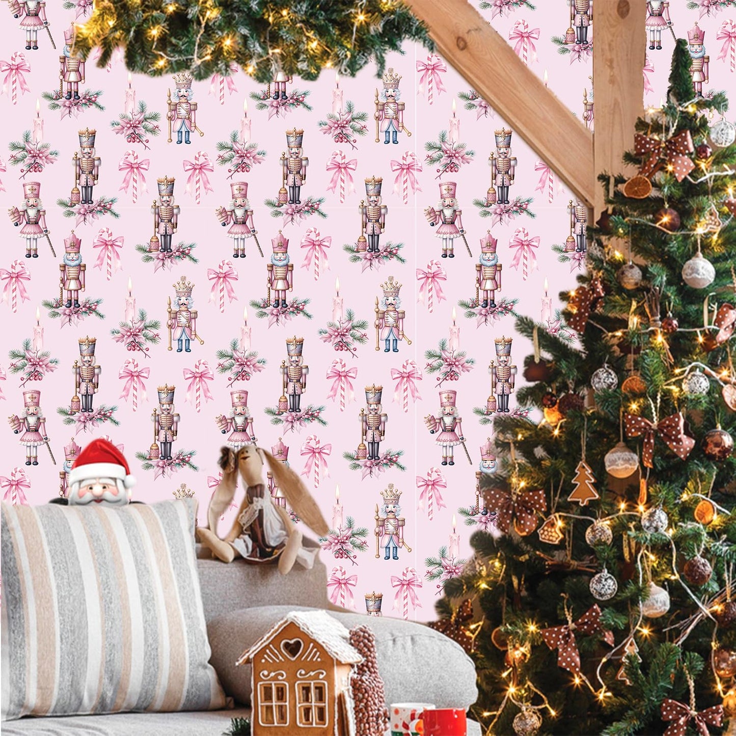 IARTTOP Pink Nutcrackers Wallpaper Peel and Stick Christmas Party Pink Contact Paper for Cabinets and Drawers Christmas Nutcracker Wallpaper Self-Adhesive for Xmas Holiday Home Decor(17.3"X118.1")