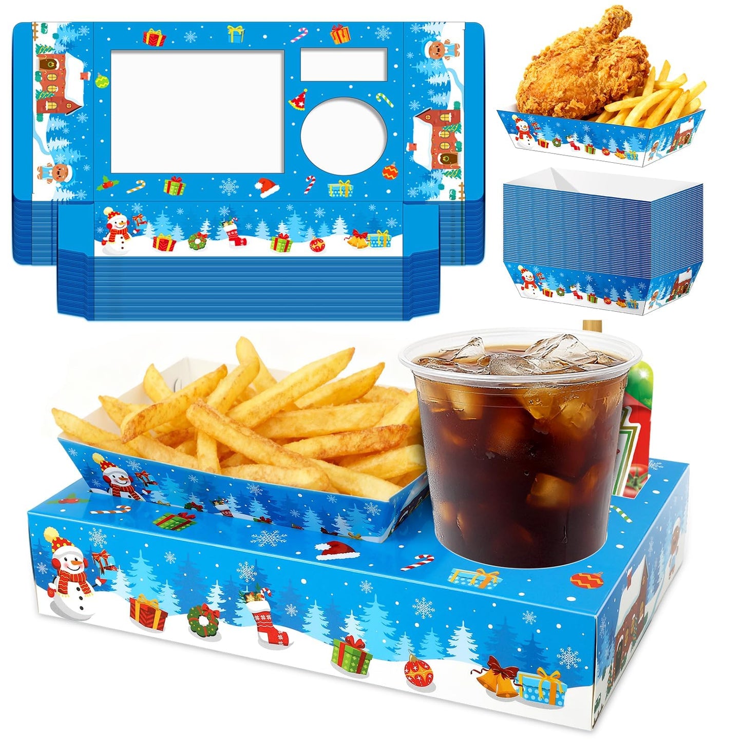 Jansun 36Pcs Christmas Movie Night Snack Trays Blue Candy Popcorn French Fries Snack Trays Christmas Movie Boxes for Snacks Tray Xmas Party Supplies