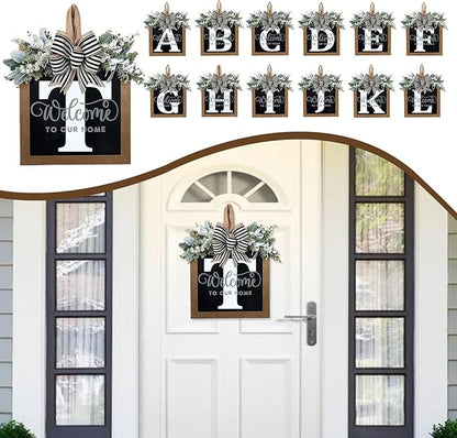 Ultra Large 14'' Last Name All Year Round Front Door Wreath with 26 Initial Letter Welcome Sign All Seasons Eucalyptus Garland and Bow Wreaths for Front Door Porch Farmhouse Decoration (T)