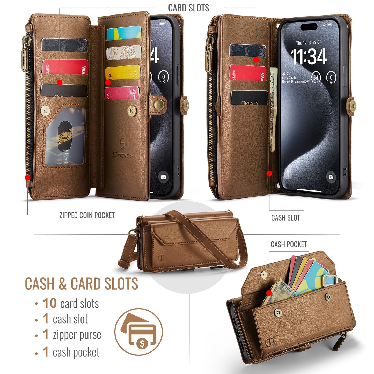 Strapurs Wallet Case Compatible with iPhone 15 Pro Max RFID Blocking 10-Card Holder Soft PU Leather Magnetic Snap Shoulder Strap Zipper Pocket Phone Case Fit for iPhone 15 Pro Max 6.7" - Brown