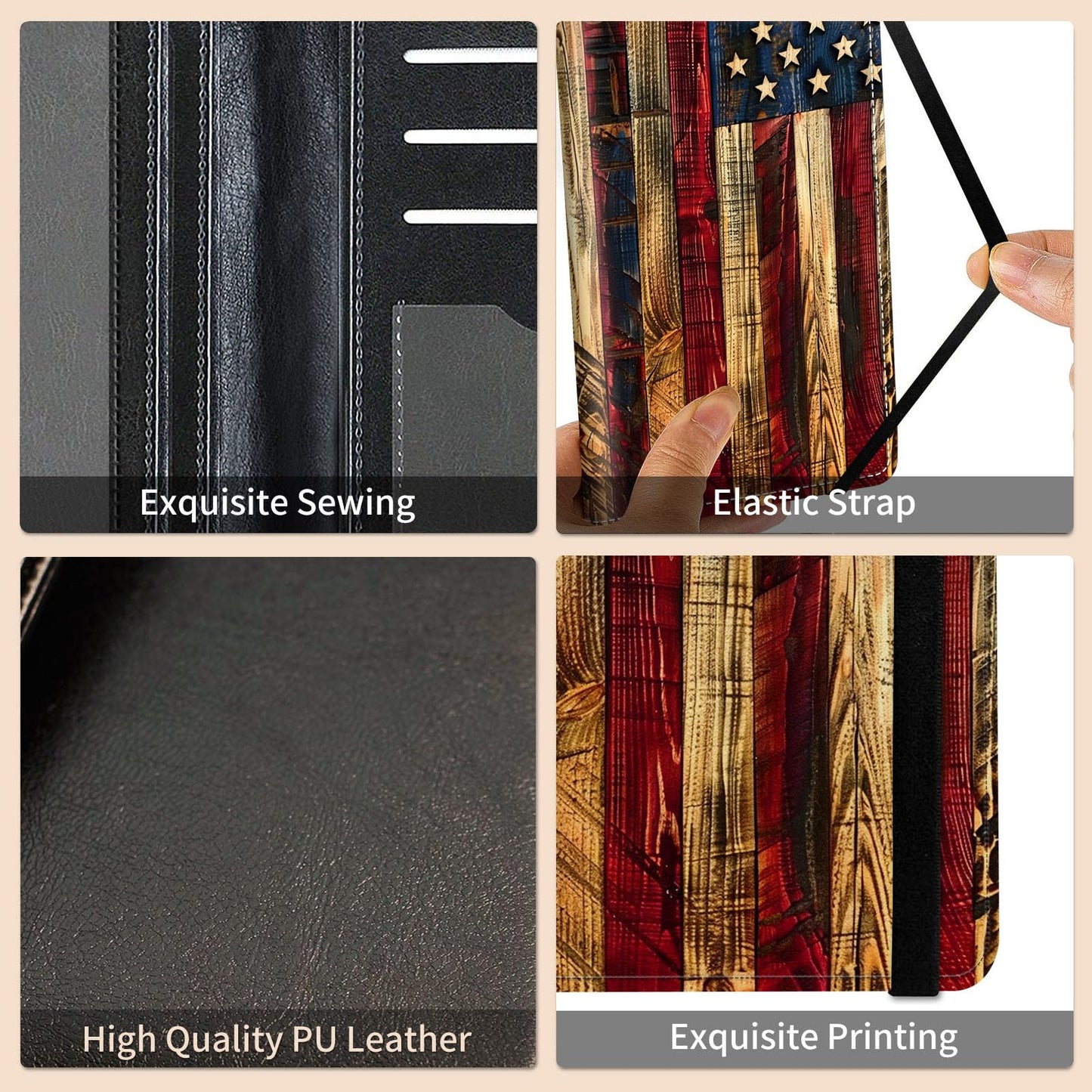 ACWDMKH Leather Checkbook Cover for Men Women Personal Checkbook Holder RFID Blocking Check Book Holder Cover for Duplicate Checks,with A Pen,American Flag Wood