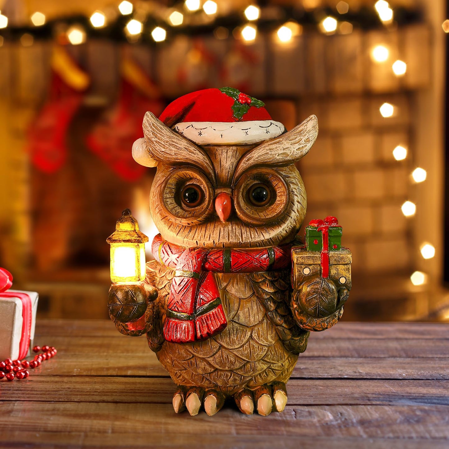WONDHOME Solar Christmas Owl Decoration Resin Owl Outdoor Statue with LED Lantern for Porch Garden Patio Yard Home Decor Christmas Housewarming Gifts for Women Mom