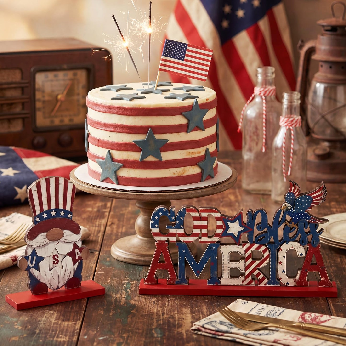 Qunclay 6 Pcs Patriotic Table Decor - Wooden Gnome Freedom Truck Star 4th of July Table Signs for Veterans Independence Day Topper Decor Memorial Day Decorations Supplies