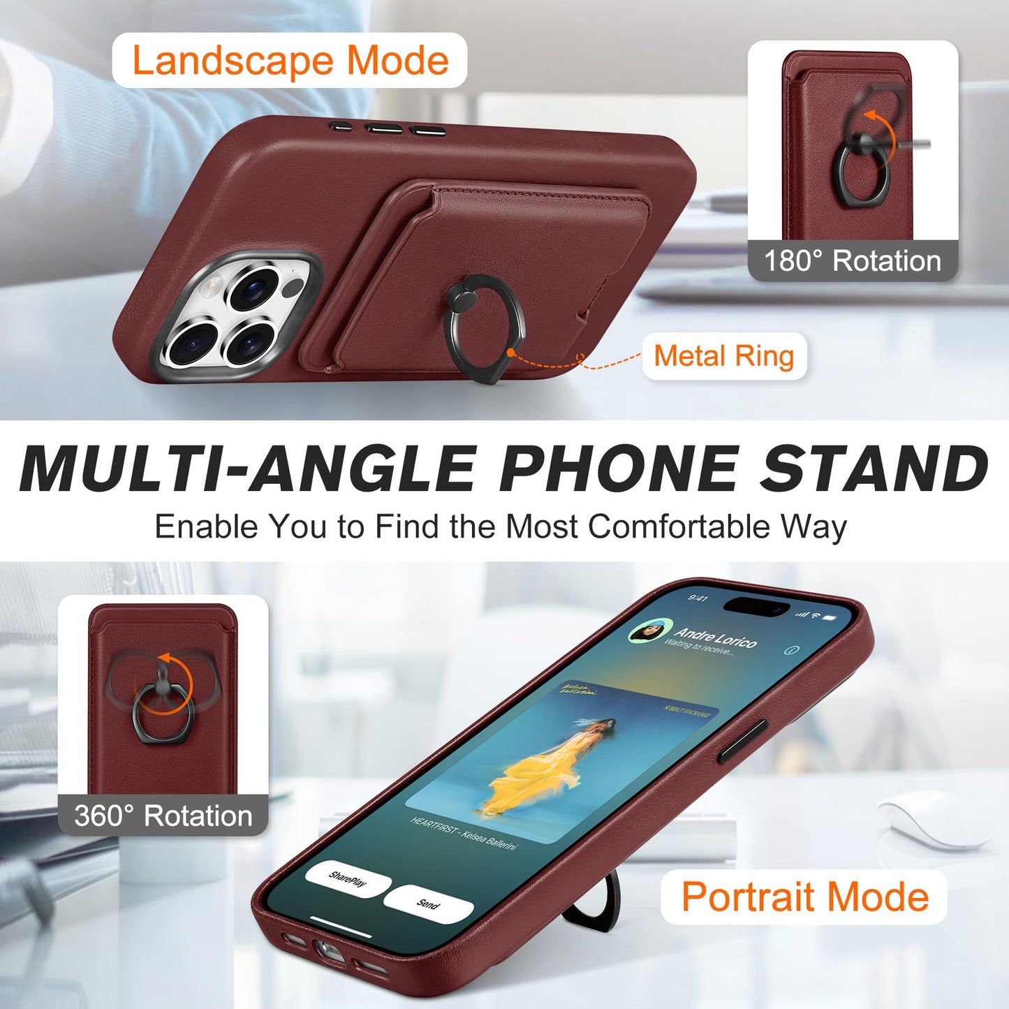 SHIELDON Genuine Leather Case for iPhone 15 Pro Max + Removable Magnetic Card Holder, Magnetic Wireless Charging Non-Slip Stand RFID Blocking Shockproof Compatible with iPhone 15 Pro Max - Wine Red