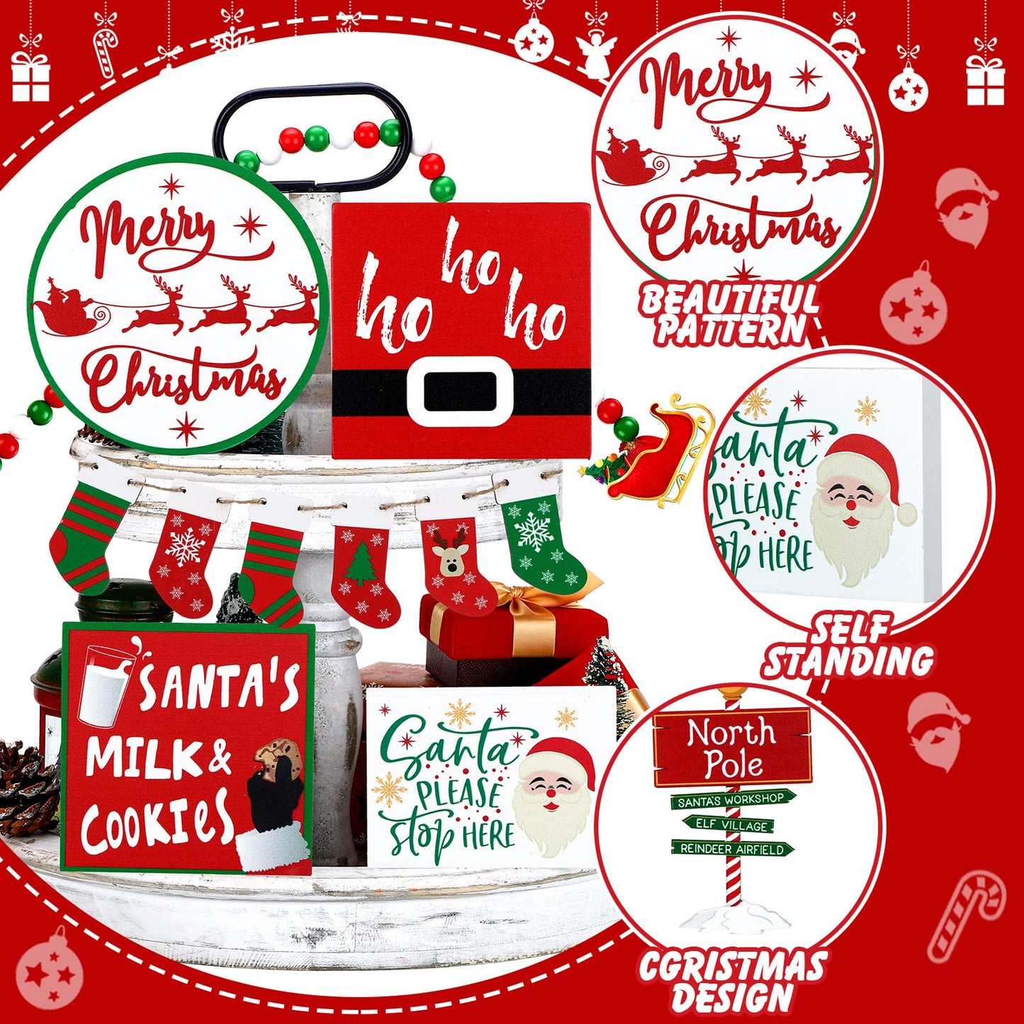 Bucherry 12 Pieces Christmas Santa Claus Tiered Tray Decor Red White Winter Farmhouse Christmas Wooden Signs Decoration for Home Room Table Fireplace