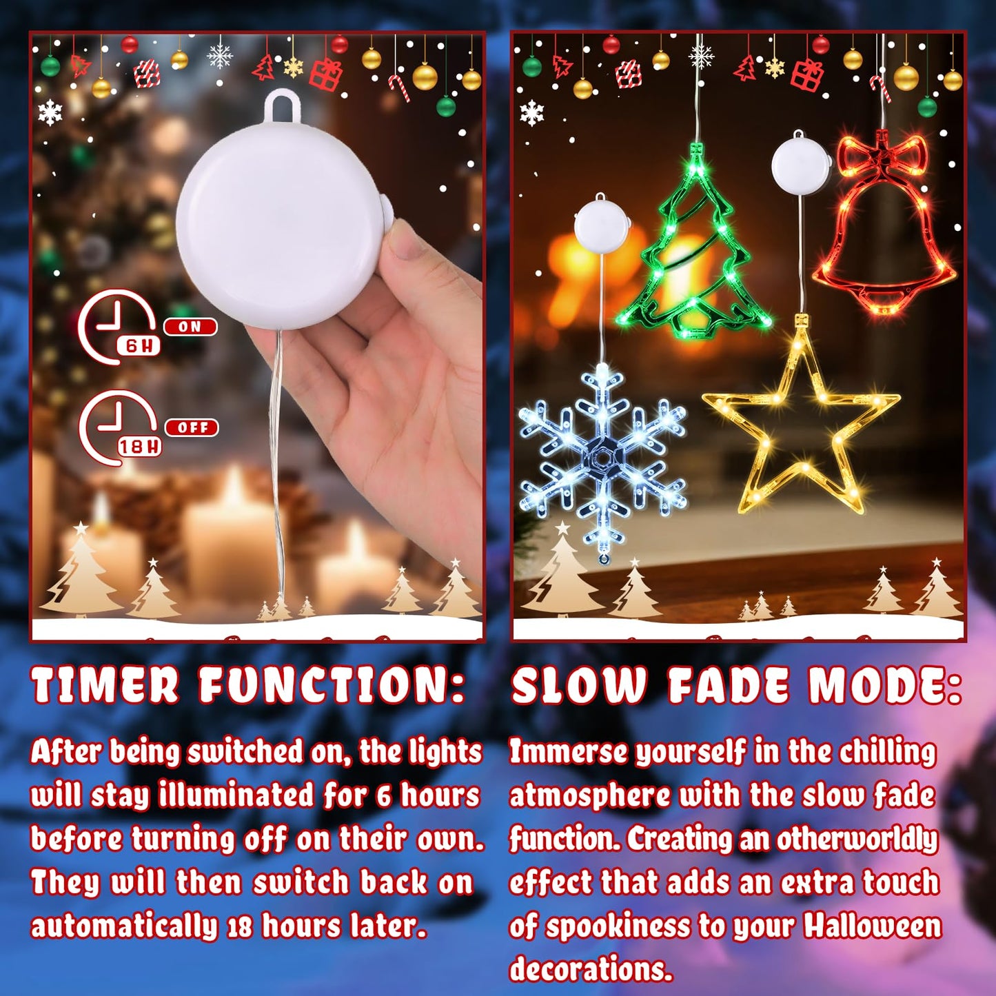 Waipfaru 4 PCS Christmas Window Lights with Timer Function, Christmas Window Decorations Jingle Bell Snowflake Christmas Tree Star Lights with Suction Cup for Decorations Indoor Outdoor
