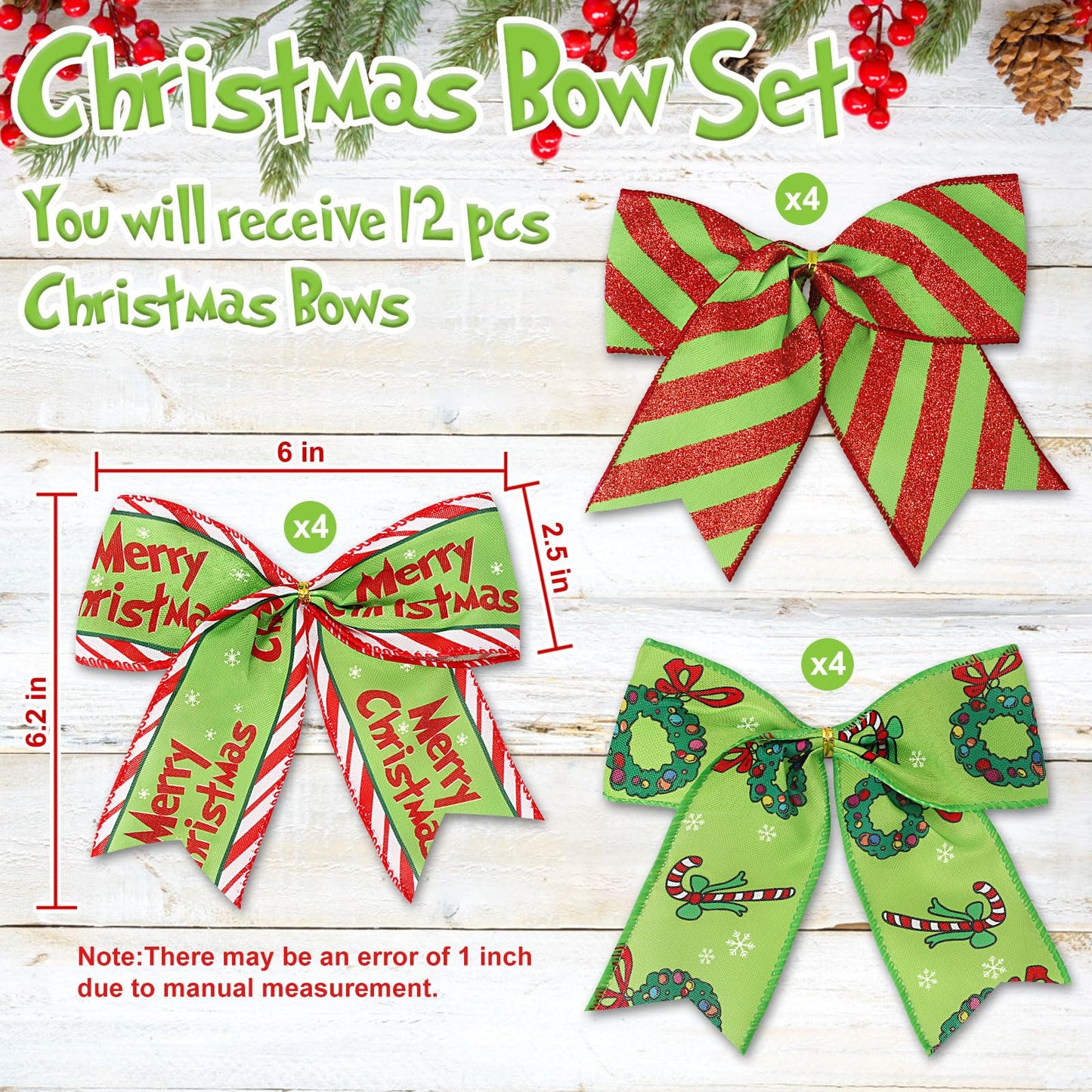 WinPion 12 Pcs Christmas Bows,6 Inch Large Red Green Christmas Wreaths Bows for Tree Gift Wrapping Garland,Holiday Decorations Party Crafts Tree Ribbon Ornaments