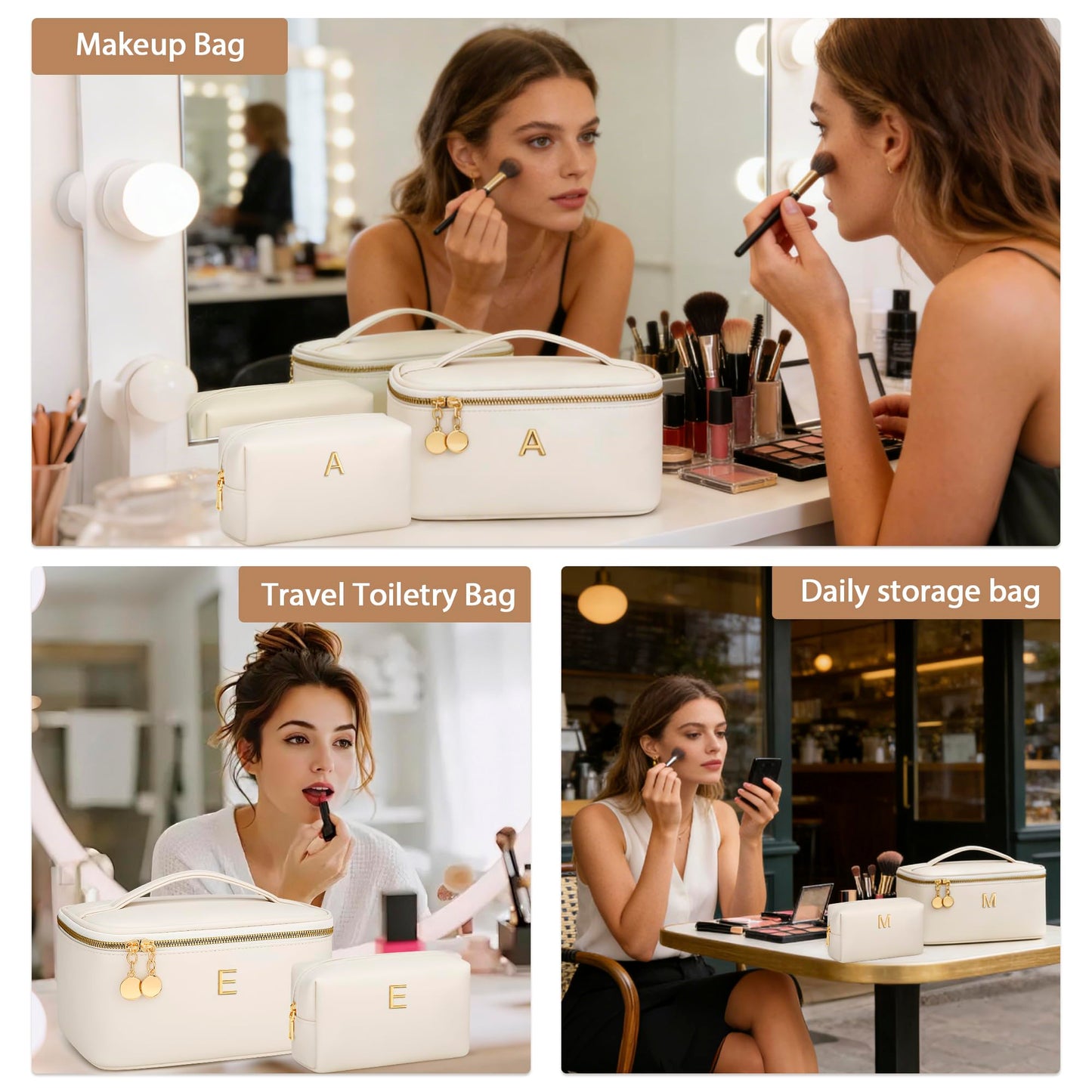 CLOUDWINGS Personalized Initial Makeup Bag Gifts for Women, Large Travel Cosmetic Organizer with Handle & Divider, PU Leather Toiletry Bag for Girls, Birthday Bridesmaid Gift Set - Beige - A