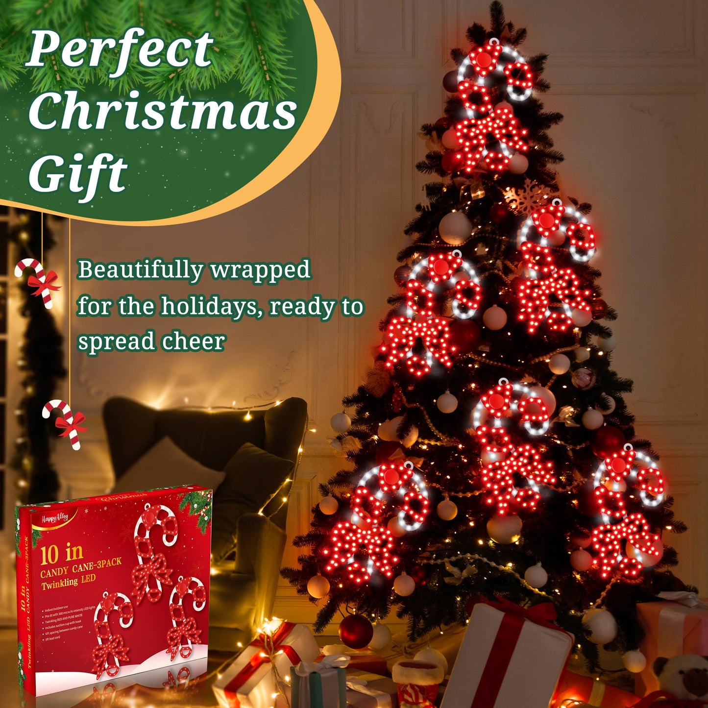 HappyAlley 3 Pack Christmas Window Decorations, 10 in. 300 LED Hi Vibrant Twinkling Lighted Candy Cane Window Light with Bows, Waterproof Outdoor Red and White Candy Cane Decorations for Walls, Porch