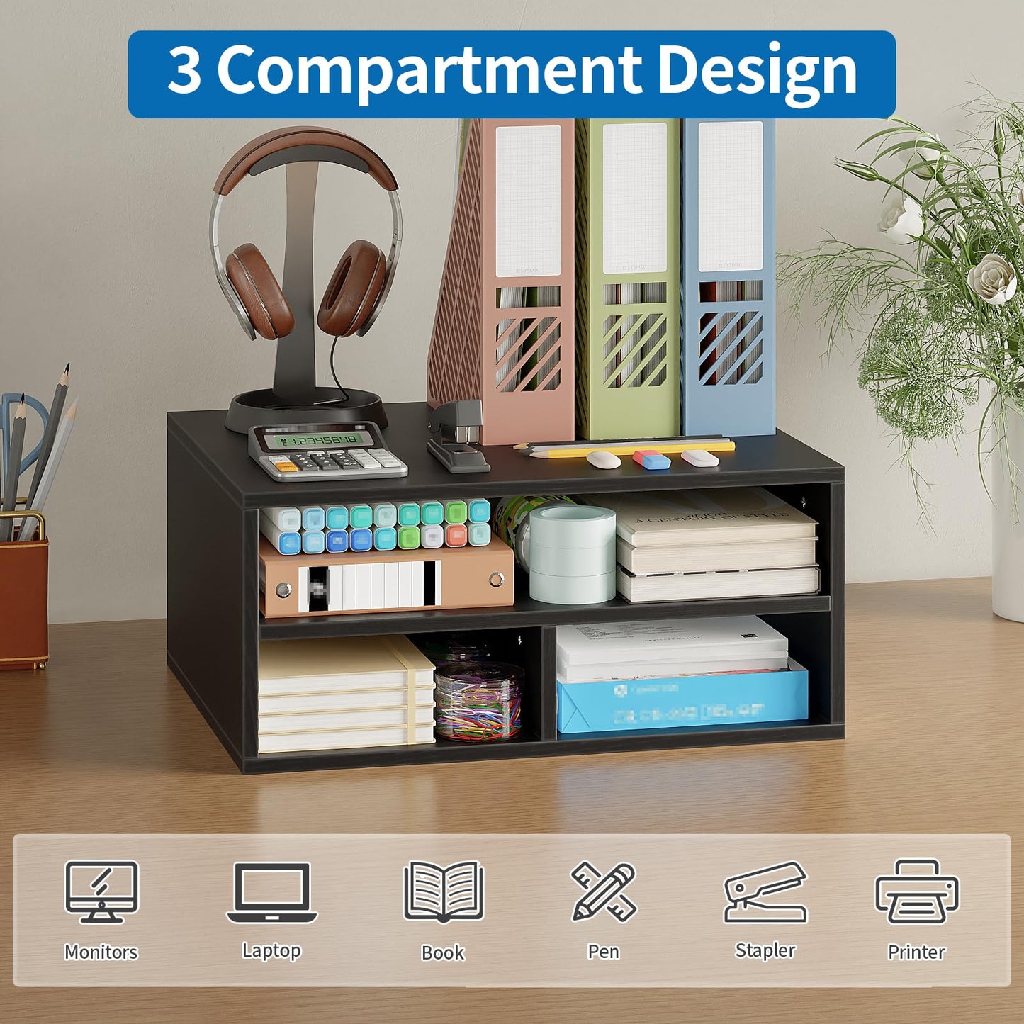 ALISENED Printer Stand for Desk, 2-Tier Wooden Desk Organizer with Adjustable Compartments, Heavy Duty Desktop Stand for Printer Scanner Monitor, Space Saving Office Organization and Storage, Black