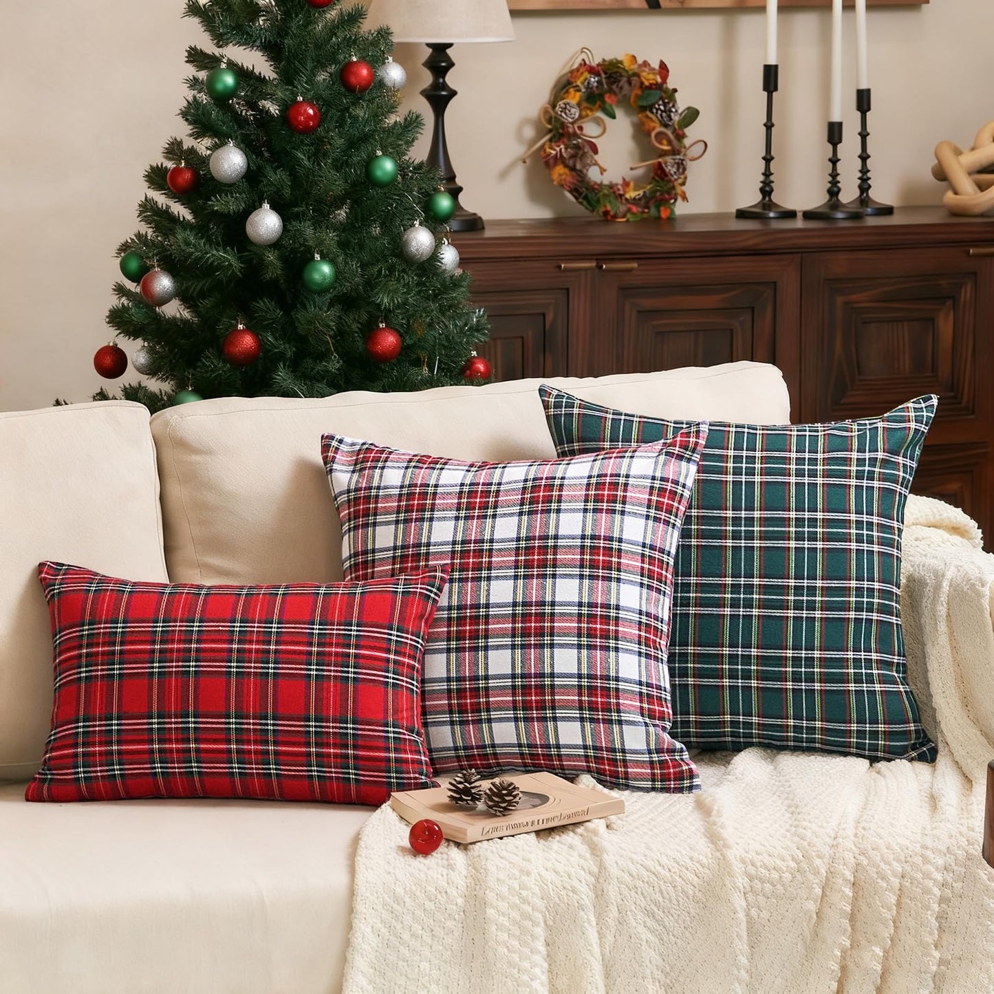 CARRIE HOME Christmas Scottish Tartan Plaid Pillow Covers 18x18 Red and Green Plaid Outdoor Pillows Set of 2 Christmas Decor for Living Room