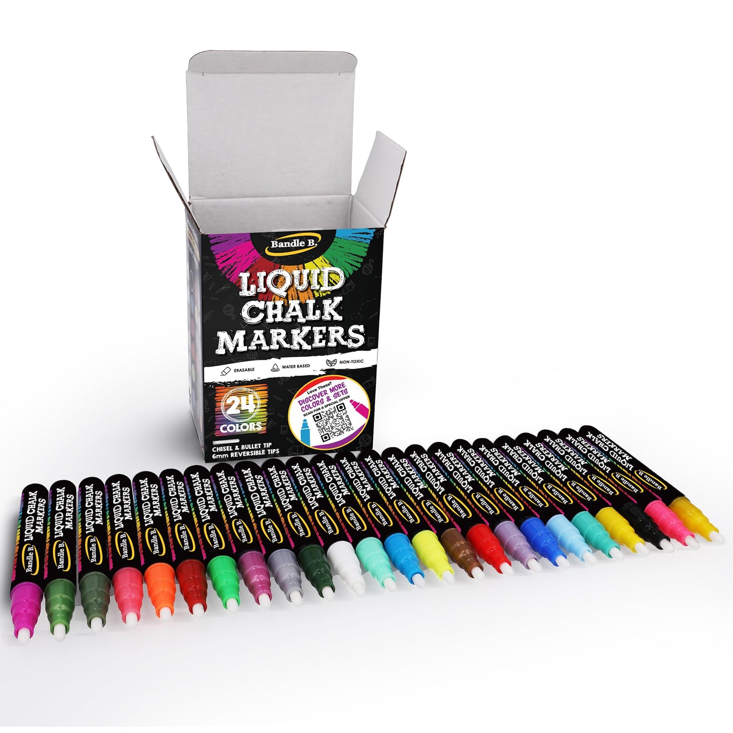 Bandle B. Chalk Markers - 24 Vibrant, Erasable, Non-Toxic, Water-Based, Reversible Tips. For Glass or Chalkboard Markers for Businesses, Restaurants, Liquid Drawing Chalk (Vibrant 6mm)