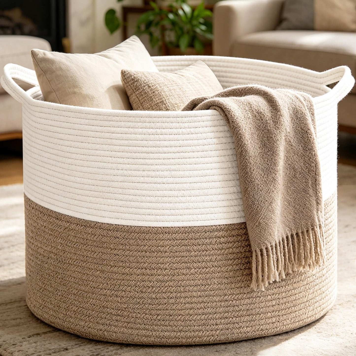 HZFTJOY Large Woven Blanket Basket,65L Cotton Rope Laundry Basket Hamper with Handles, Decorative Nursery Basket Storage Bin for Toys, Clothes Organizer, Living Room, Bedroom, Bathroom, White & Brown