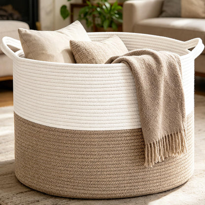 HZFTJOY Large Woven Blanket Basket,65L Cotton Rope Laundry Basket Hamper with Handles, Decorative Nursery Basket Storage Bin for Toys, Clothes Organizer, Living Room, Bedroom, Bathroom, White & Brown