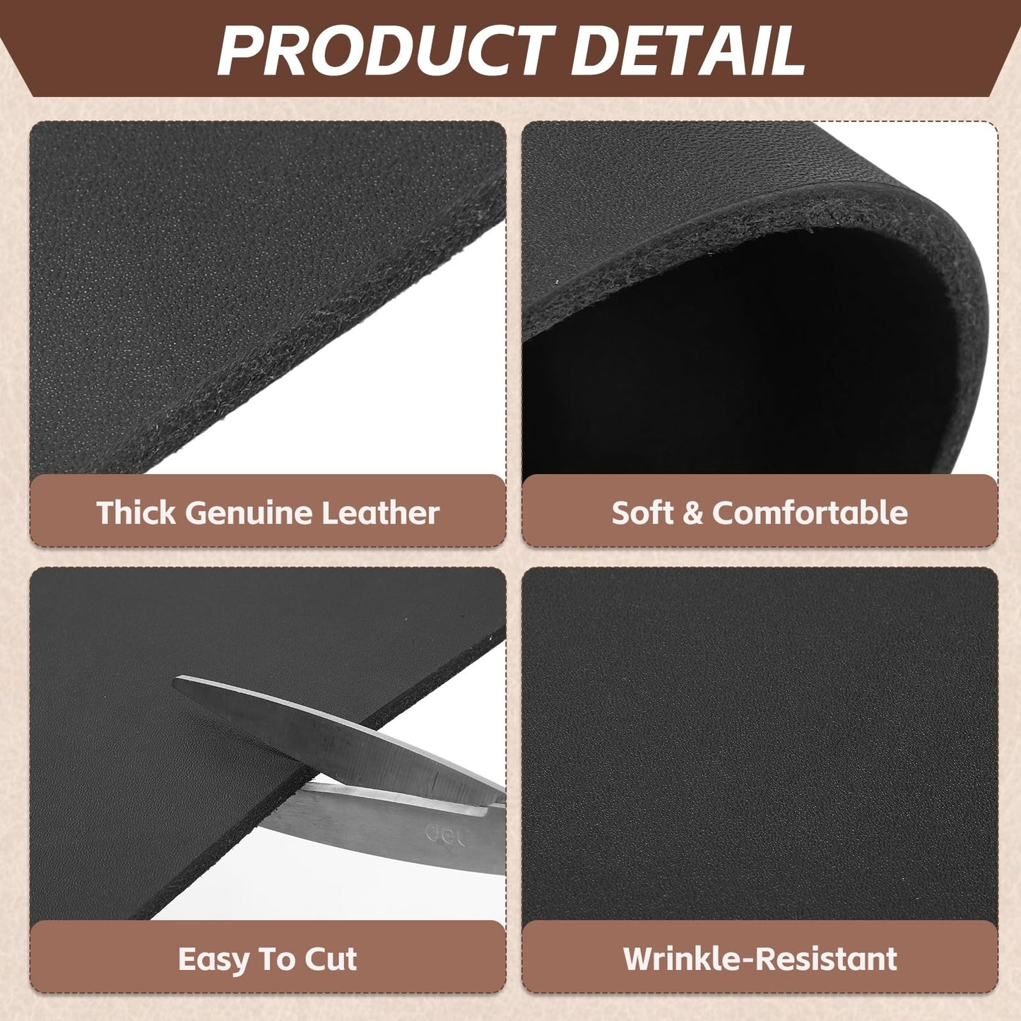 Rebower Genuine Leather Sheets, 12" x 12" Flat Full Grain Cowhide Leather for Crafts, 4-4.5mm Thick Vegetable Tanned Cowhide for DIY Belt Tooling Wallet Stamping Projects, Black