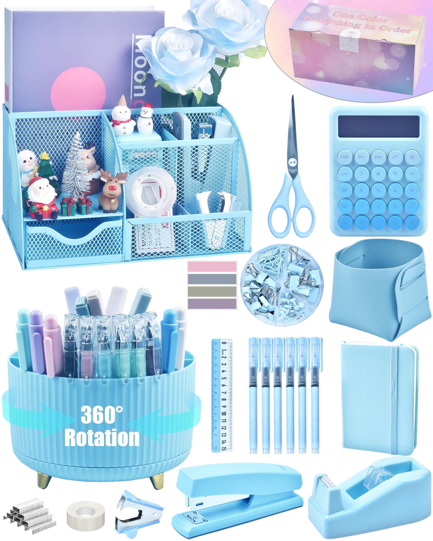 LXEVIHK 20Pcs Blue Desk Organizers and Accessories With Mesh Desk Organizer and 360°Rotating Pen Holder and a Lot of Office Blue Office Supplies Beautifully Presented in a Gift Box