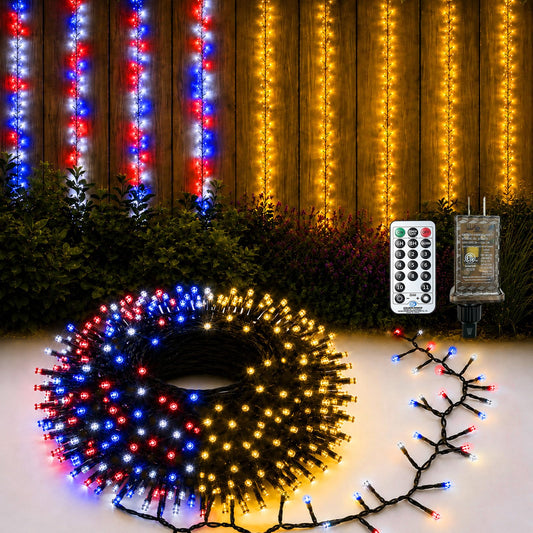 1200 LED Red White and Blue Lights, 76FT Timer 11 Modes 4th of July String Lights Outdoor with 2 Festival Colors Remote Timer, Connectable Cluster Patriotic Light for Independence Day Christmas Decor