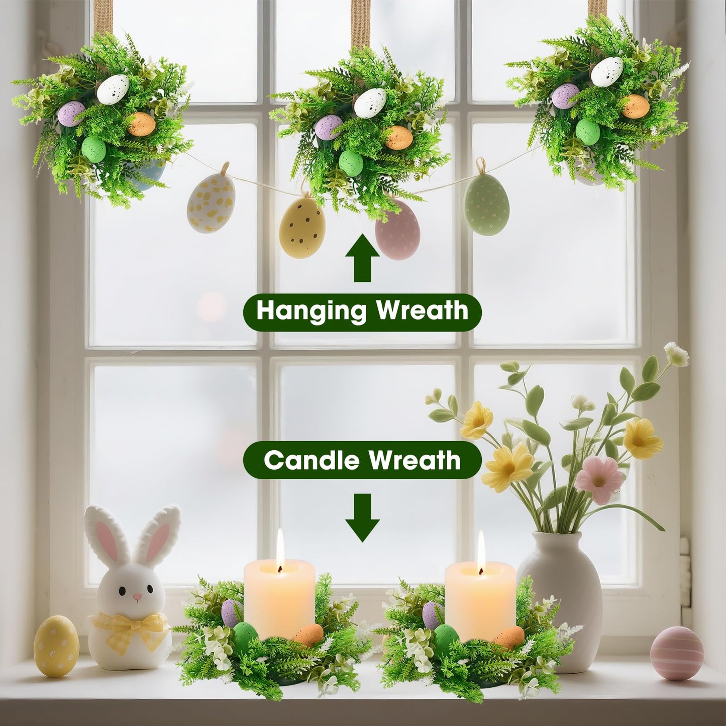 Easter Wreath 4Pcs, 11.8 Inch Easter Wreath with Ribbon, Artificial Egg Lily Green Plants Wreath, Hanging/Tabletop/Candle Ring Decor for Home Front Door, Porch, Wall, Window, Cabinets