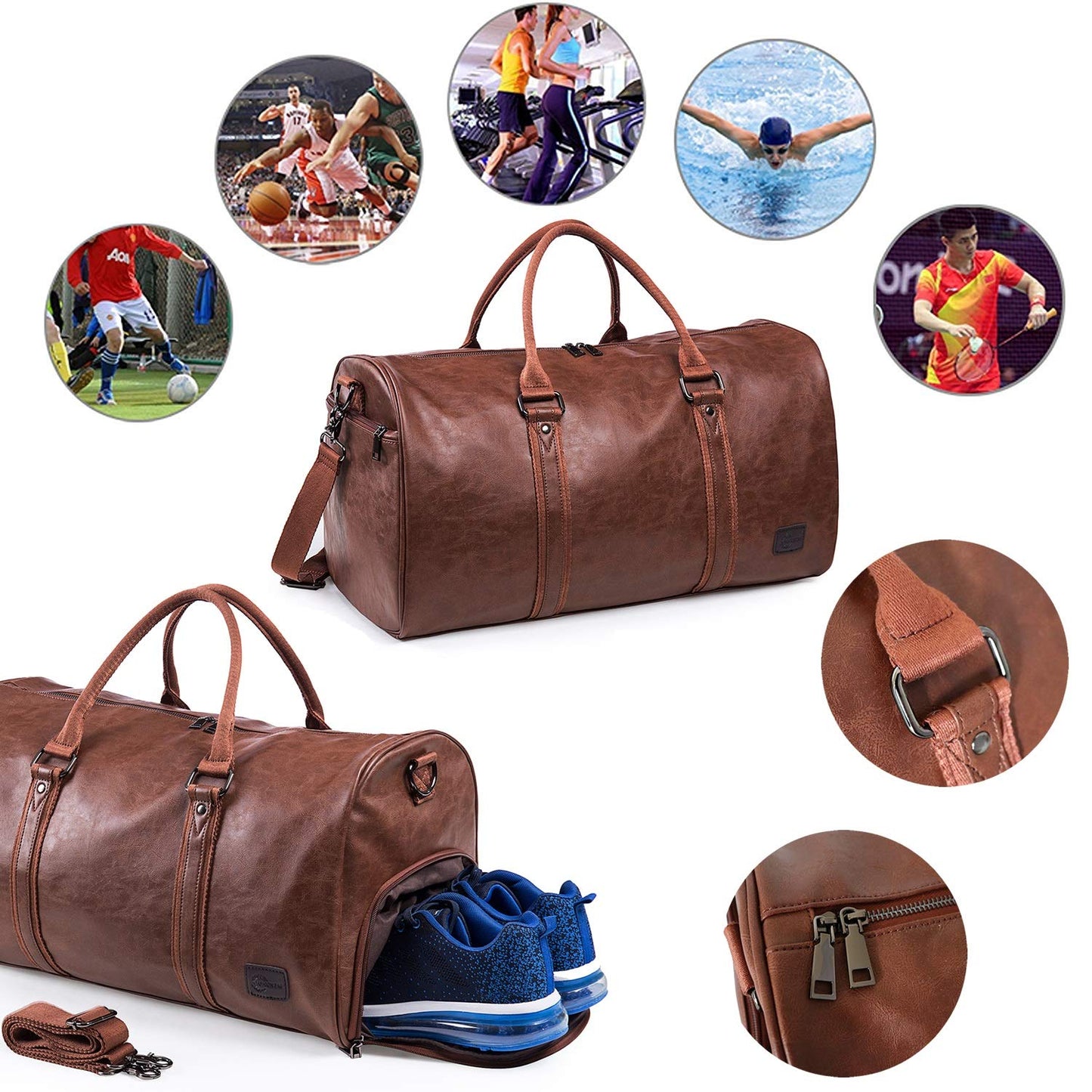 Leather Travel Bag with Shoe Pouch, Waterproof Weekender Overnight Bag,Carry On Duffel Bag for Men Women-Brown