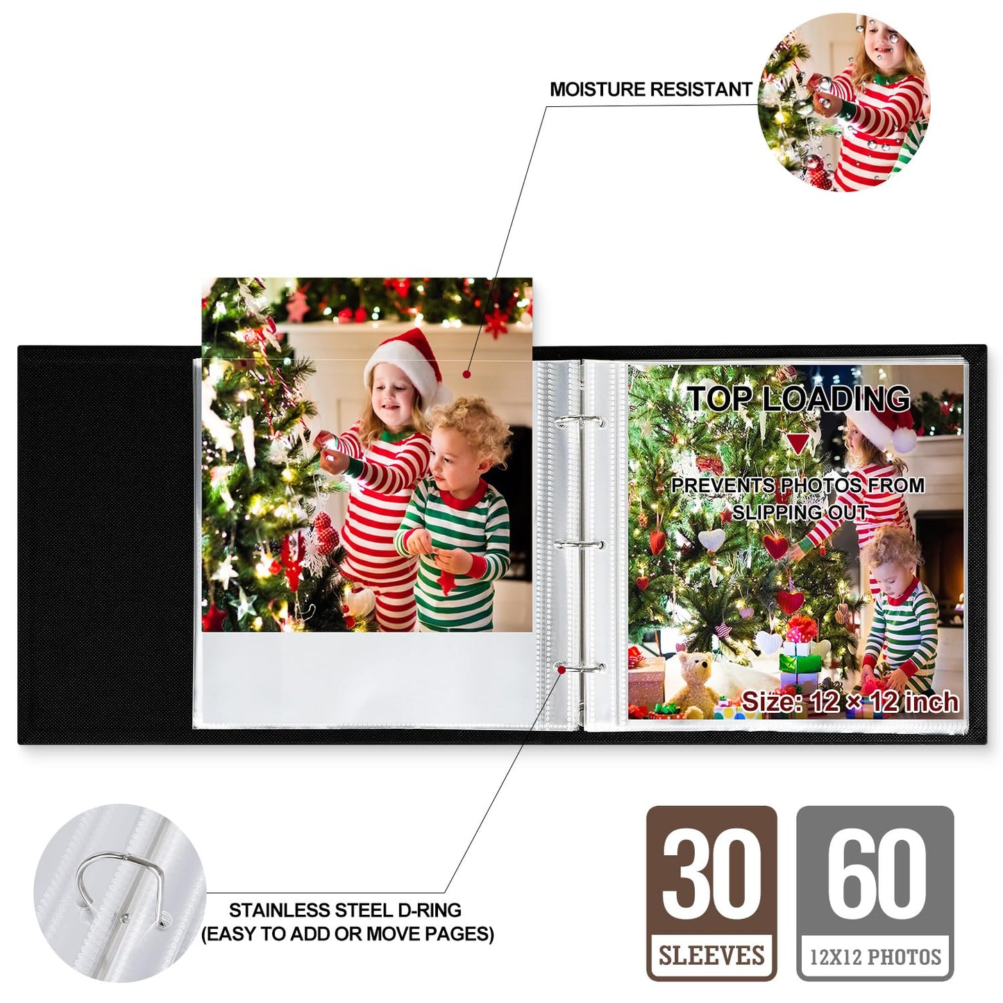 Lanpn 12x12 inch Scrapbook Photo Album, Linen Cover Archival Acid Free Top Load 3 Ring Binder Folder Photo Book 12 x 12 with 30 Plastic Sleeves 60 Pages (Black)