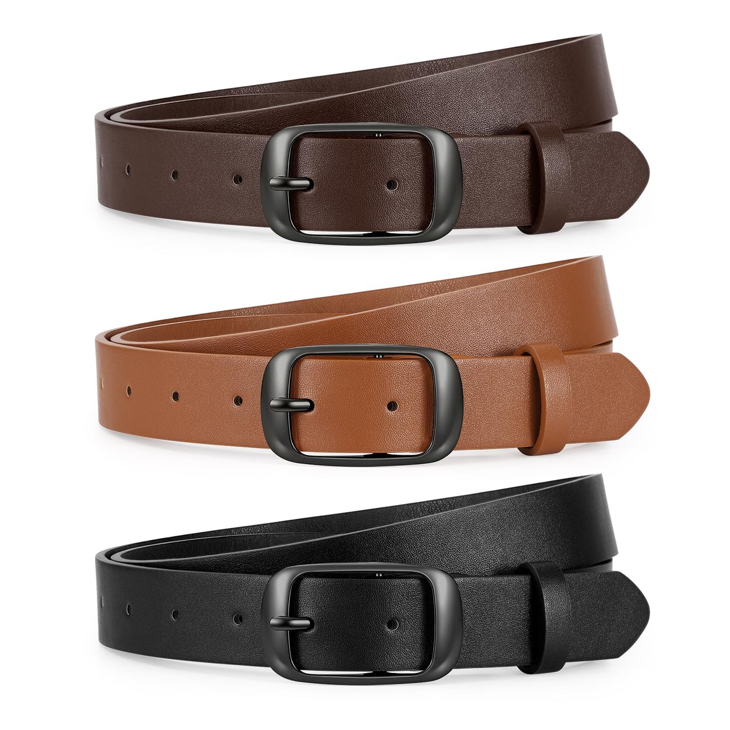 JASGOOD 3 Pack Women Belts for Jeans Pants Fashion Leather Waist Belt for Women with Gun Buckle, Black+Brown+Coffee