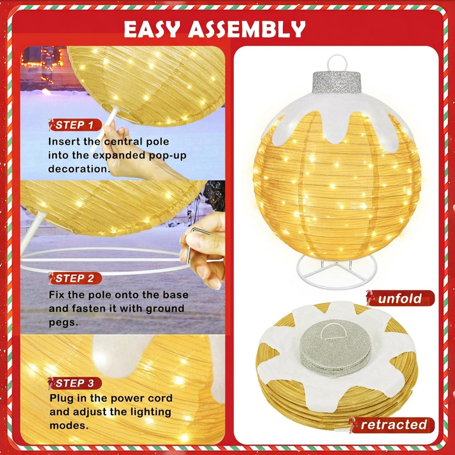 Outdoor Christmas Ball Ornaments, Collapsible Pop-Up Lighted Christmas Decorations with 80 Bright LED Lights, 8 Light Modes, Weatherproof Large Holiday Ball Decor for Yard, Lawn, Home（Red/Green/Beige）