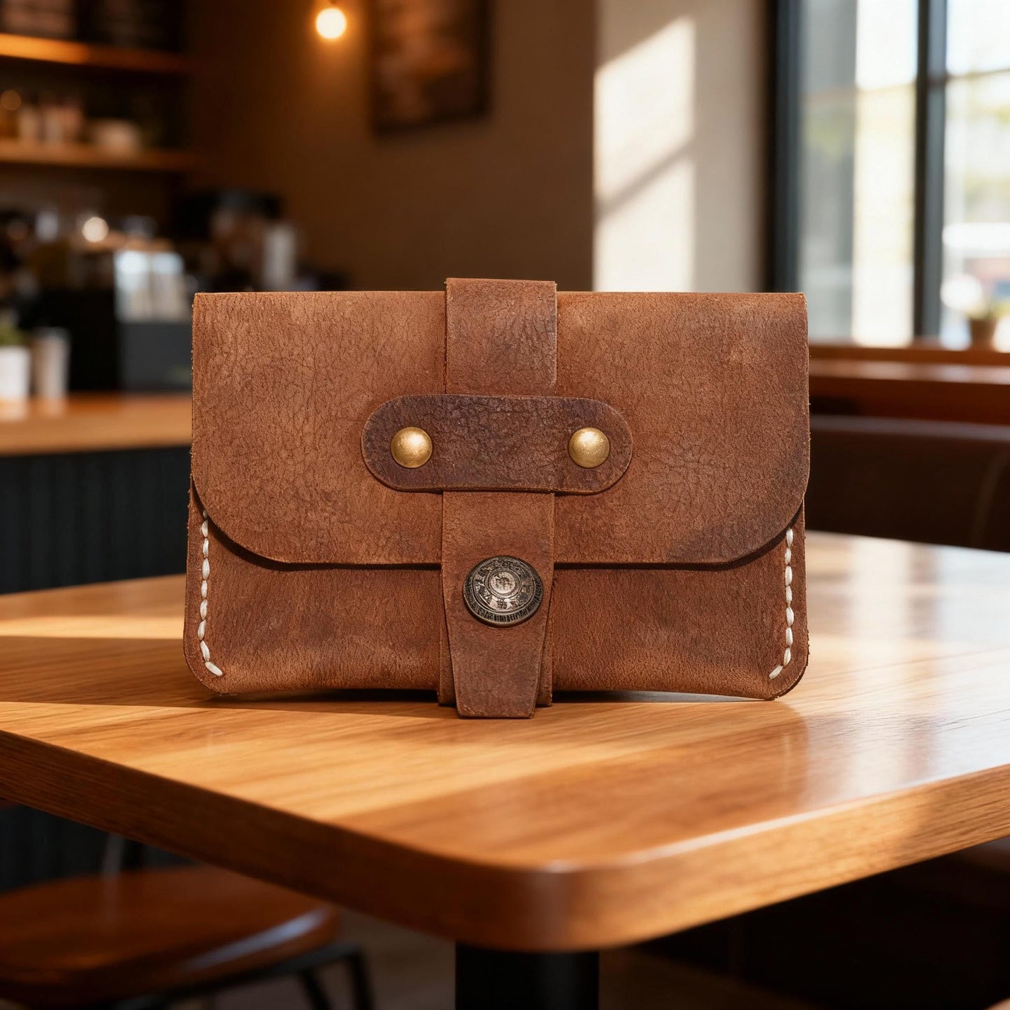 JingRongDa Handmade Vintage Cowhide Leather Card Holder Wallet, Retro Brown Leather Card Case with Snap Closur (Light brown)