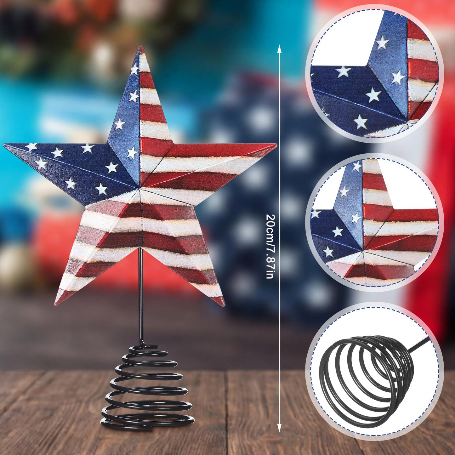 Halloscume 4th of July Rustic Tree Topper 7.8 in Metal Star Patriotic Tree Topper Red Blue White Trees Ornament for 250th Anniversary Independence Day Indoor Outdoor Home Decor Holiday Party Supplies