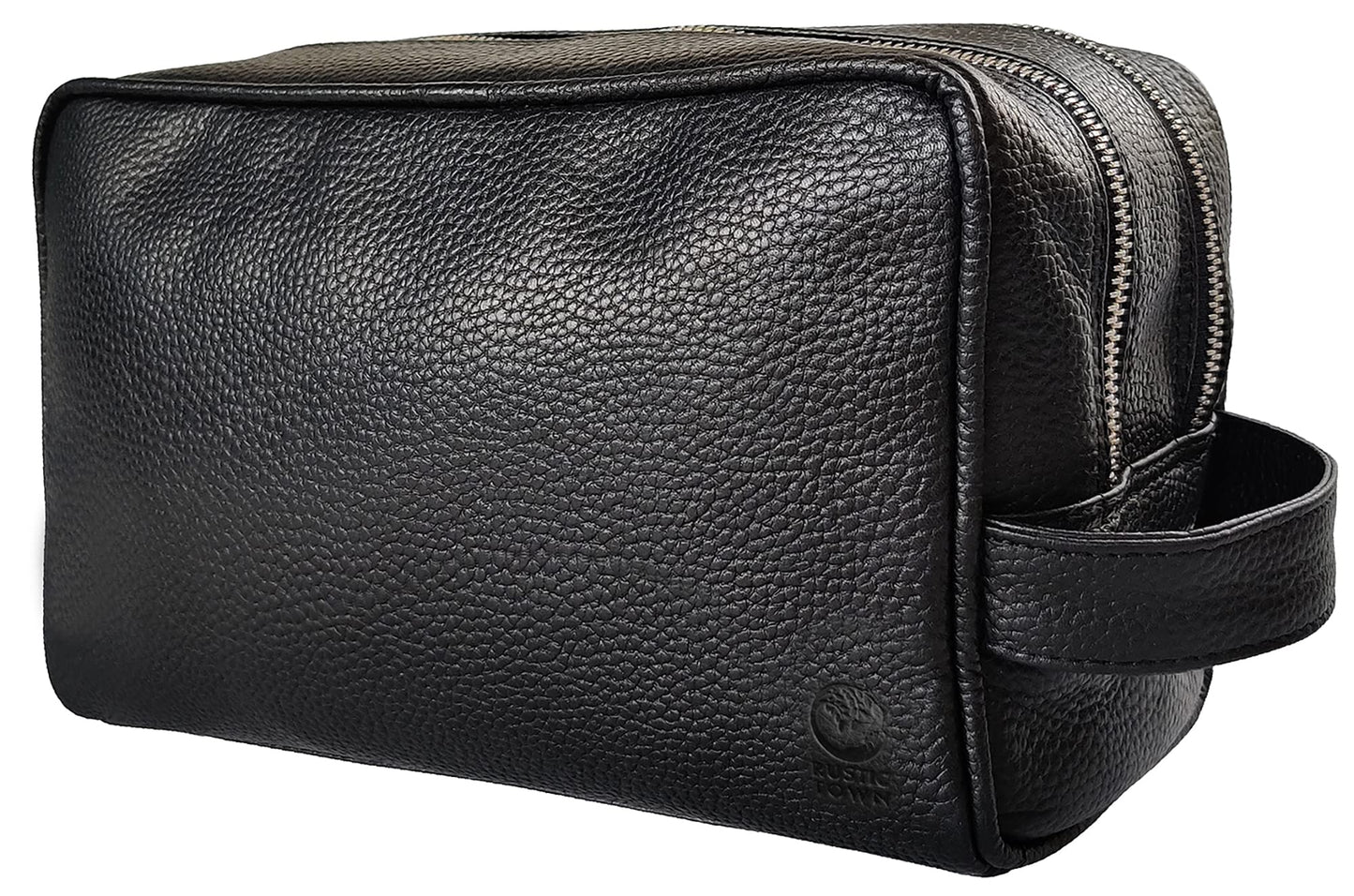 RUSTIC TOWN Full Grain Leather Travel Toiletry Bag - Cosmetic Makeup Kit Organizer (Medium, Black)