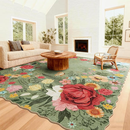Washable Rugs for Living Room: 8x10 Area Rugs for Bedroom Soft Ultra Thin Stain Resistant Non Slip Low Pile Lightweight Vintage Floral Carpet for Dining Room Decor (Green)
