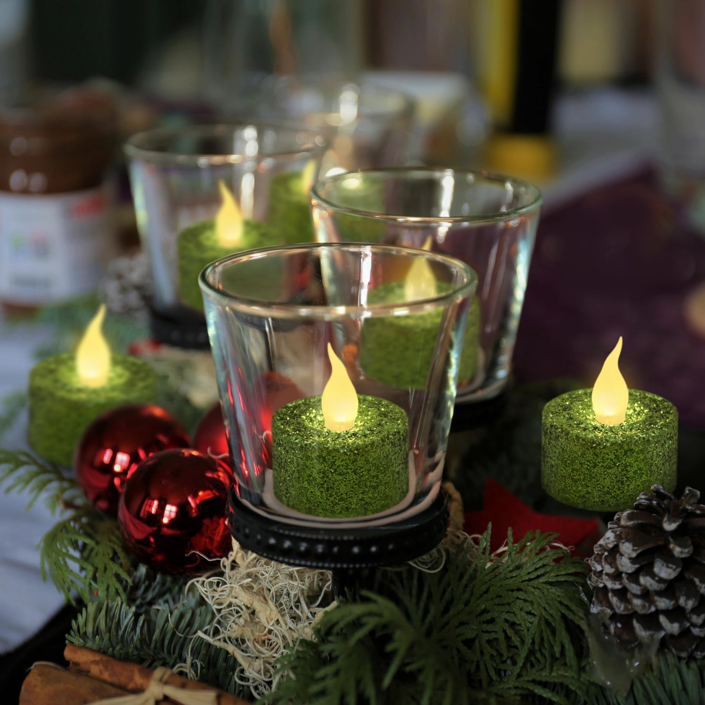 FURORA LIGHTING Green Glitter Flameless Tealights - 1.45" W x 1.57" H, 12-Pack, Batteries Included