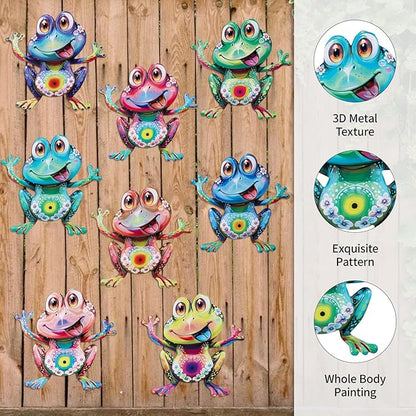 Junware Metal Frog Wall Decor, 8Pcs Frogs Wall Art Sculptures Hanging Sculpture Decoration, Outdoor Fence Arts for Home Garden, Fence, Patio, Yard, Bedroom Outside Gifts for Adults