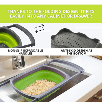 Small Collapsible Colander with Plastic Handles Round Silicone Kitchen Strainers Foldable Kitchen Strainer Perfect for Draining Pasta Vegetable and Fruit Green