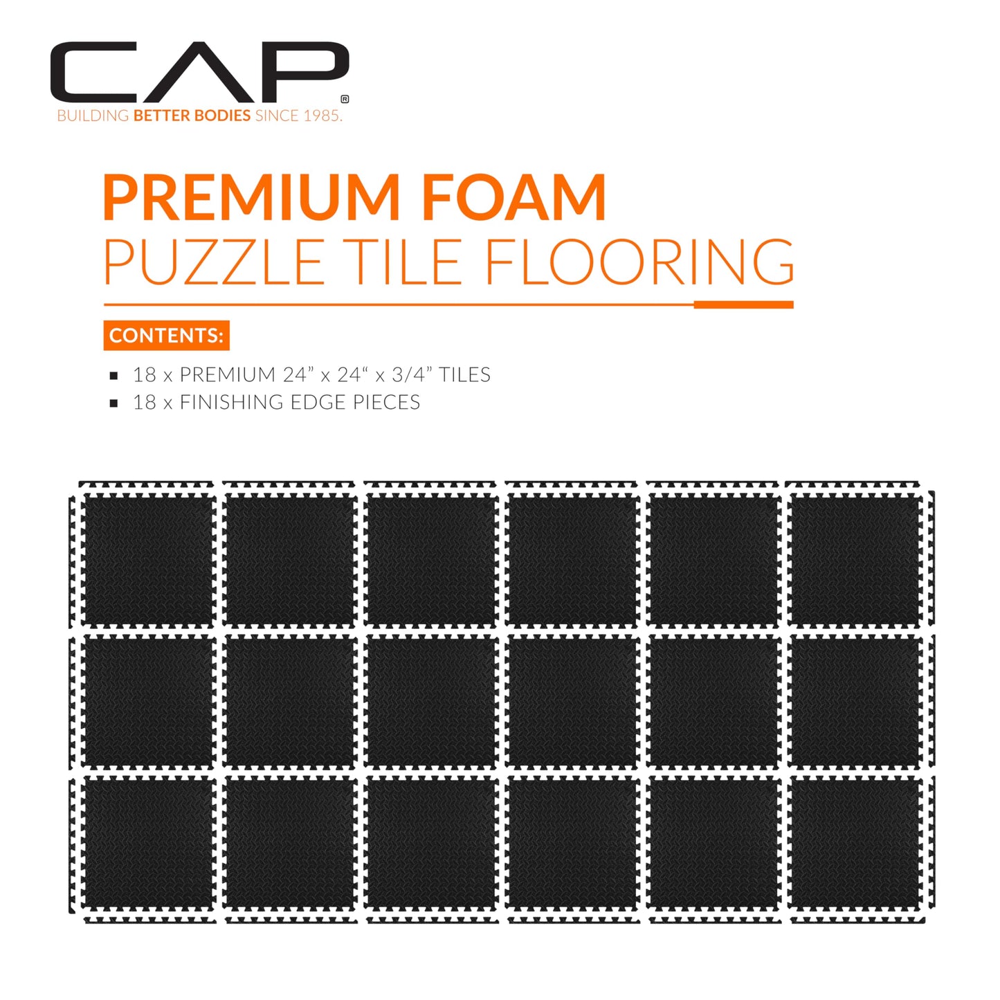 CAP Barbell 3/4-Inch Interlocking EVA Foam Exercise Puzzle Mat Home Gym Flooring - 3 Pack | 24" x 24" x 3/4" | Diamond Pattern - Black