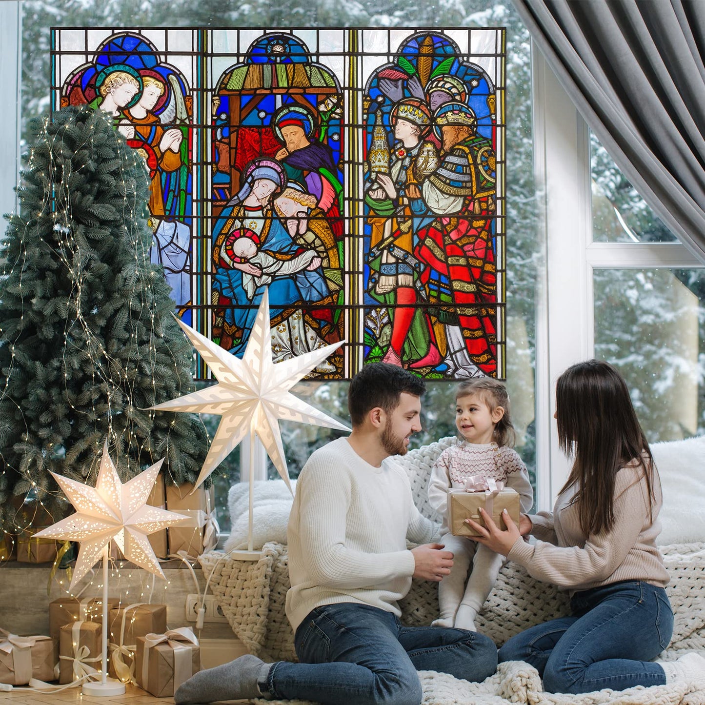 Spiareal Christmas Window Clings Nativity Decorations Reusable Non Adhesive Sticker Vinyl Religious Holiday and Door Decor Decals for Home Xmas (46.06 x 59.06 Inch)