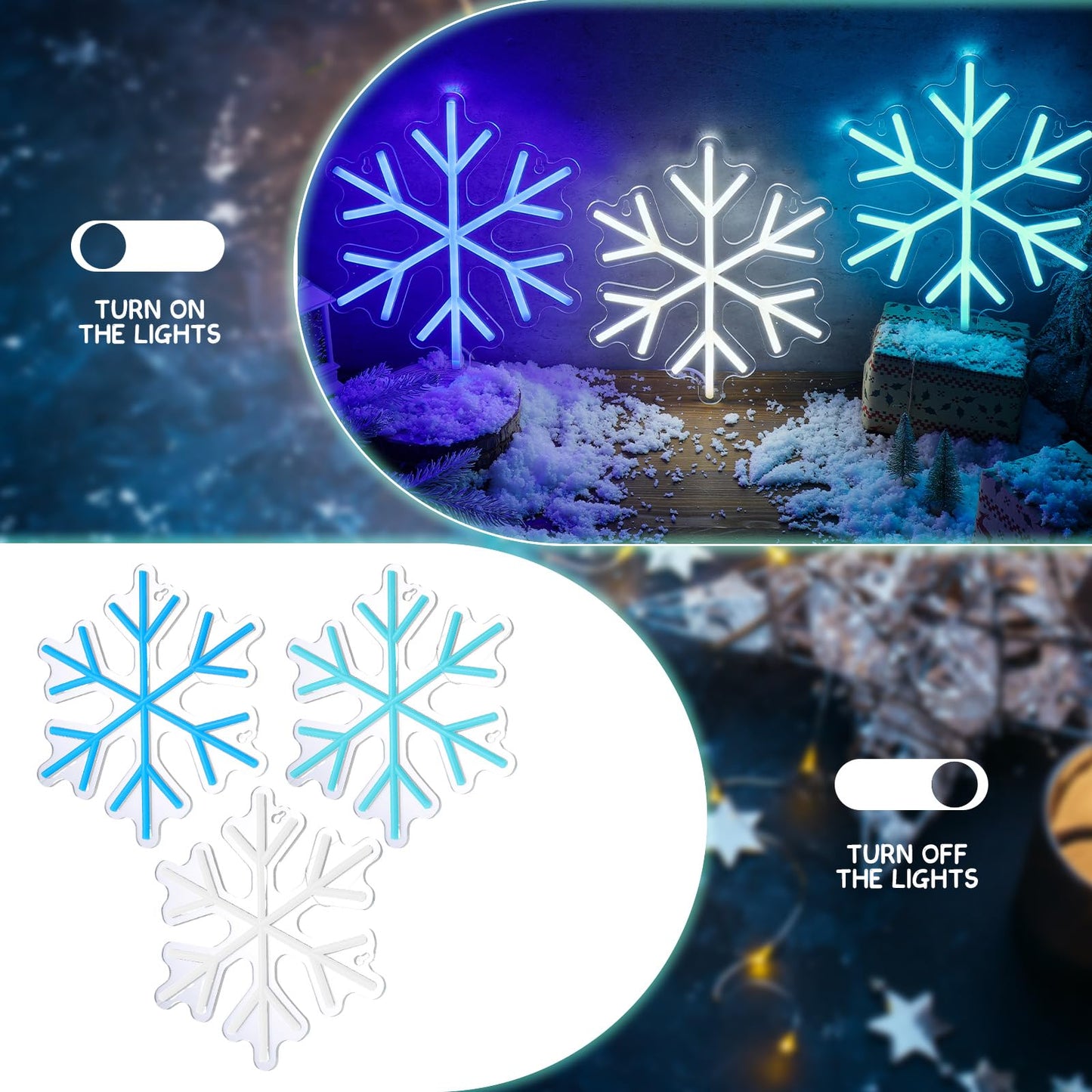 ROCEEI 3 Pcs Snowflake Neon Sign, Snowflake LED Lights Winter Neon Lights USB Window Wall Bar Living Room Decor for Winter Christmas Party Holiday Night Bedroom Gifts