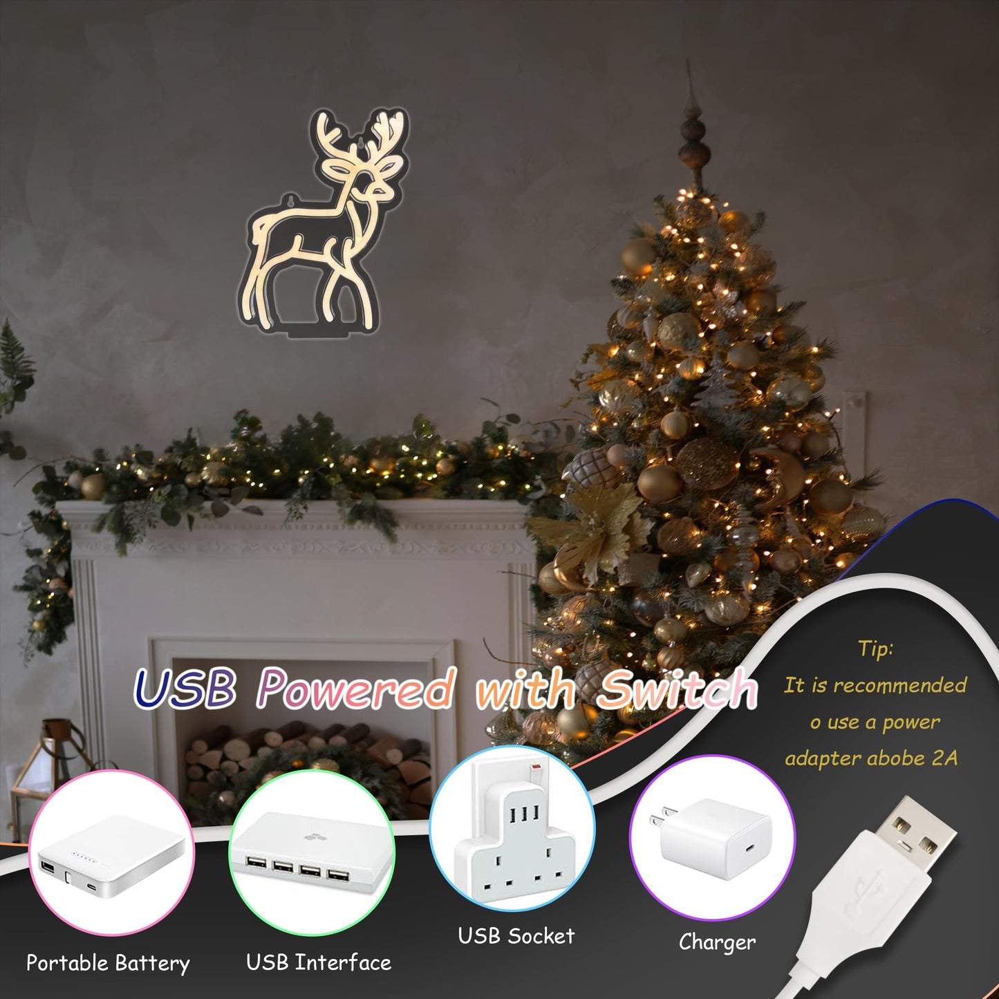 Christmas Reindeer Neon Sign,Adjustable Brightness Elk LED Neon Light Sign for Wall Decor,Deer Neon Signs USB Powered for Bedroom Xmas Eve Pub Club New Year Decor(Yellow)