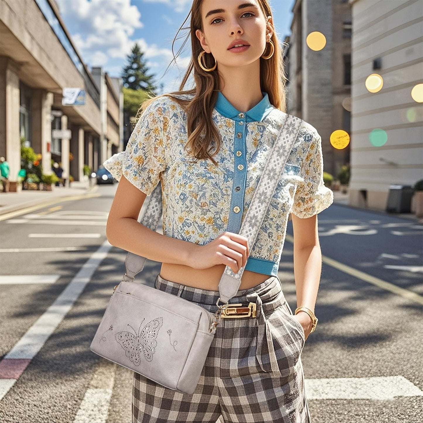 KITEVIUN Crossbody Bags for Women, Vegan Leather Phone Purse Triple Zip Butterfly Women’s Shoulder Handbags with Wide Strap Gray