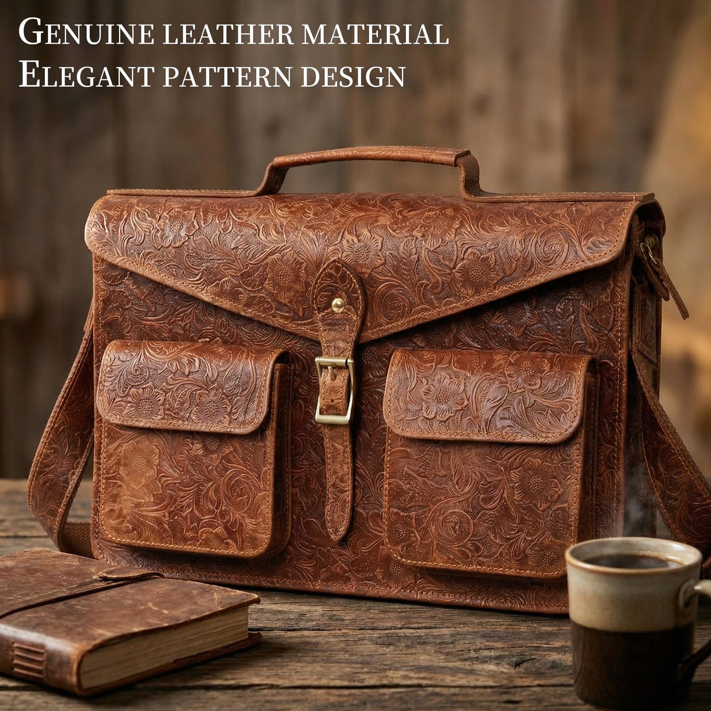 Gexmil Leather Messenger Bag for Men Women, Top Grain Leather, Laptop Briefcase Bag For College Office Business Travel, Adjustable Shoulder Strap, Flower Brown