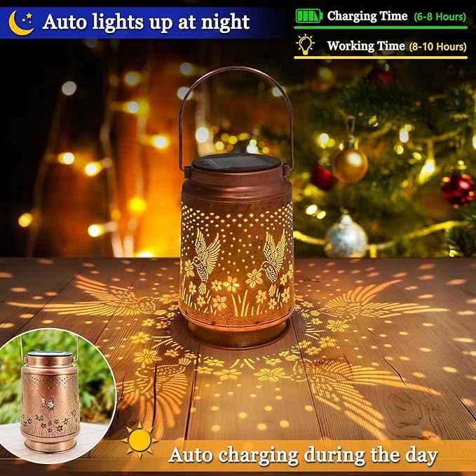 2 Pack Solar Lanterns Outdoor Waterproof Hummingbird Lantern Garden Decor Birthday Gifts for Women Mom Grandma Hanging Solar Lights Metal Decoration for Yard, Patio, Backyard, Porch