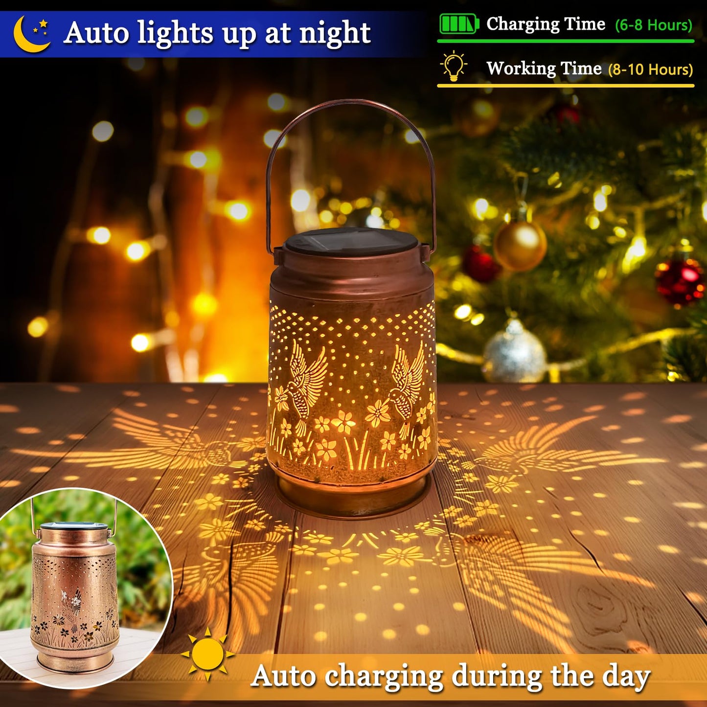 AZEEBOI 2 Pack Solar Lanterns Outdoor Waterproof Hummingbird Lantern Garden Decor Birthday Gifts for Women Mom Grandma Hanging Solar Lights Metal Decoration for Yard, Patio, Backyard, Porch