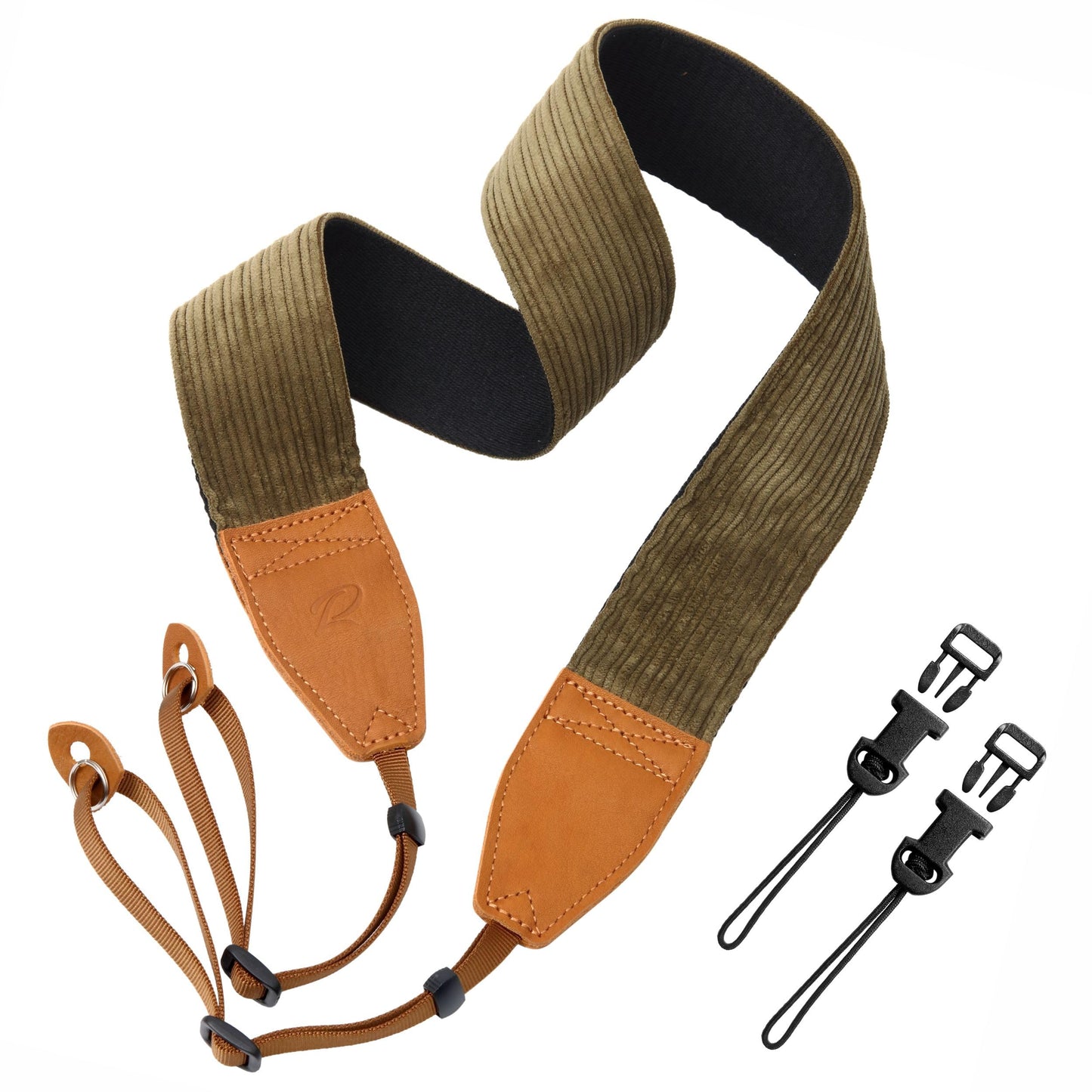 Padwa Lifestyle Olive Green Corduroy Camera Strap - 2" Double Layer Full Grain Cowhide Leather Head Camera Straps for Photographers, Unique Soft Corduroy Fabric with Quick Release fits all Cameras