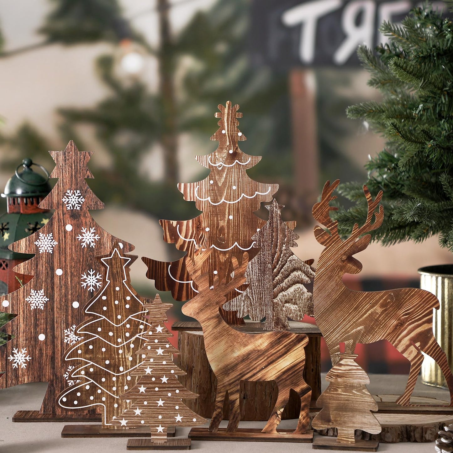 Barydat 8 Pcs Summer Christmas Table Decorations Wooden Christmas in July Pine Tree Reindeer Table Centerpiece Xmas Tabletop Sign Rustic Farmhouse Decor for Home Office Party Supplies Gifts (Rustic)