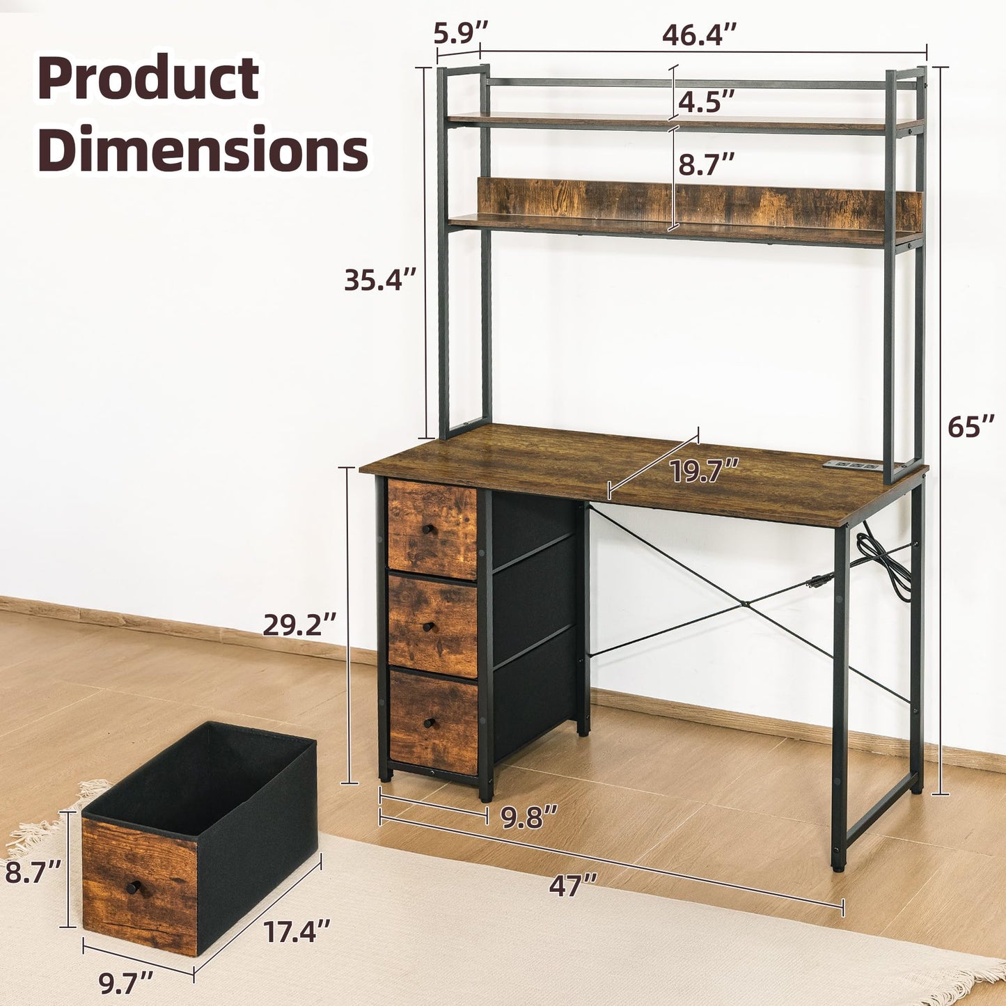 Aquzee Computer Desk with Drawers, 47 inch Desk Hutch, Gaming Desk with Storage Shelves, Power Outlets & Bookshelves, Study Writing Desks for Bedroom Living Room Home Office, Rustic Brown