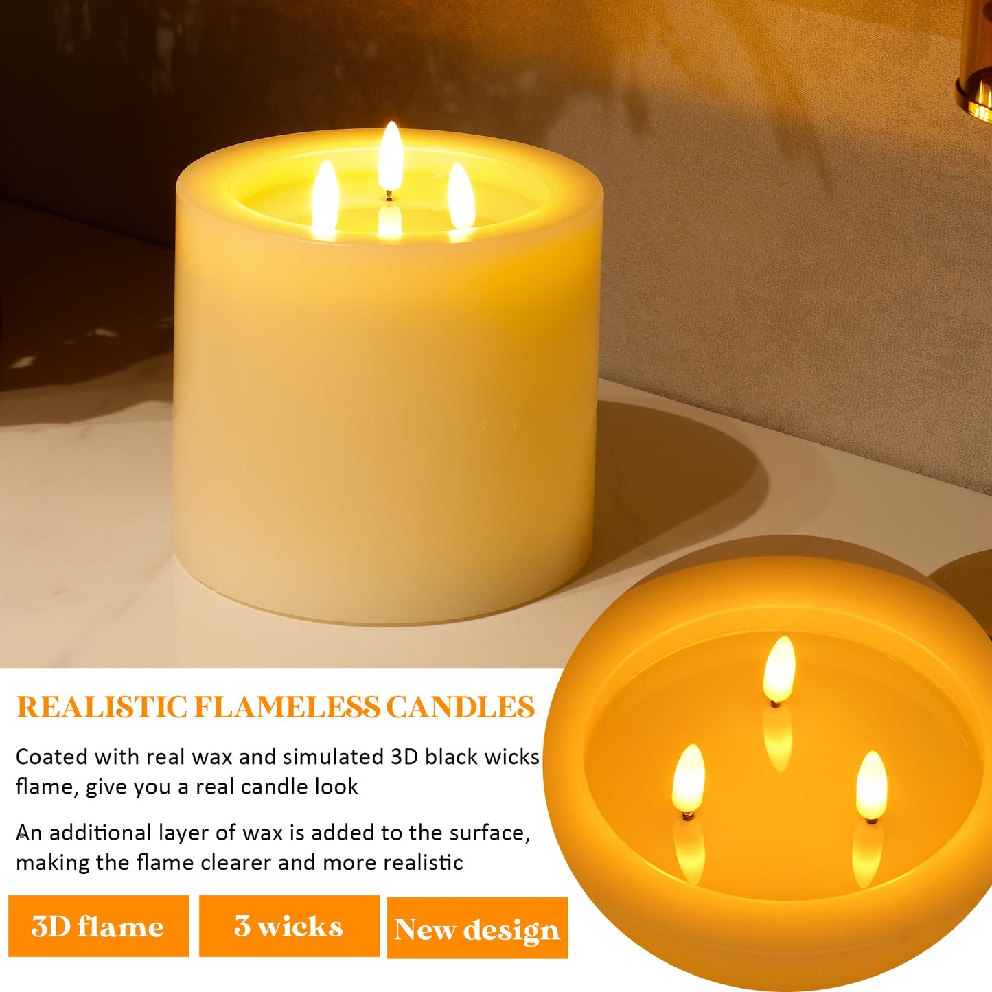 AFINETH Extra Large Flameless Candles with 3 Wicks, 6"x6" Real Wax Battery Operated Candles with Remote and Timer, Flickering LED Candles Fake Candle for Home, Wedding, Party, Ivory